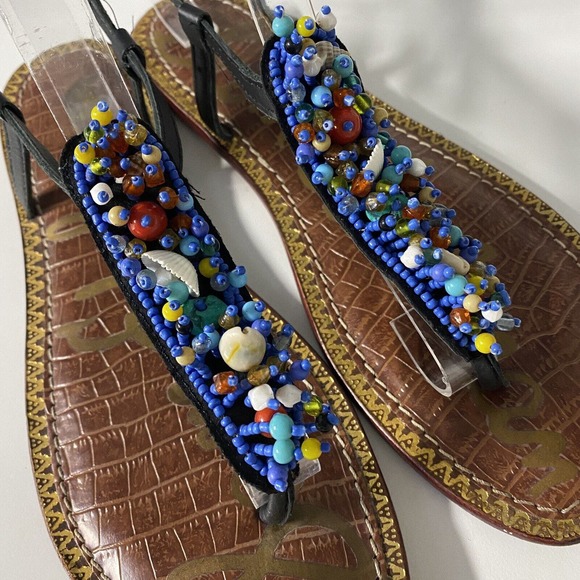 Sam Edelman Gigi Beaded Shell T Strap Flat Sandal Leather Thong Ankle st… - Picture 2 of 4